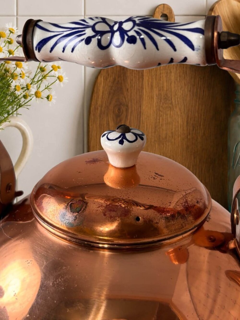 Vintage ODI Solid Copper Tea Kettle Portugal Blue White Porcelain Handle Cottage - Picture 6 of 10
